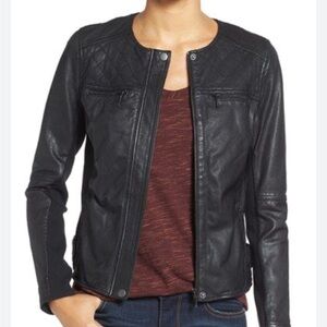 Women's Caslon Collarless Moto Black Leather Jacket Petite